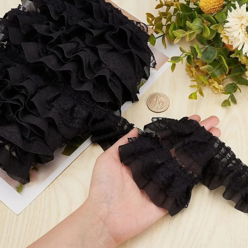 11 Yards Black Double-Layer Pleated Chiffon Lace Trim 5cm Wide 2-Layer Gathered Ruffle Trim Edging Tulle Trimmings Fabric Ribbon