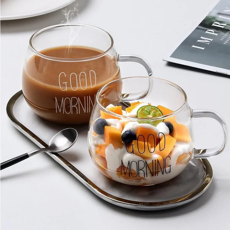 Creative Glass Coffee Milk Mug Large Capacity with Handle Transparent Glass Good Morning Breakfast Cup Cocktail Mugs Coffee Cup