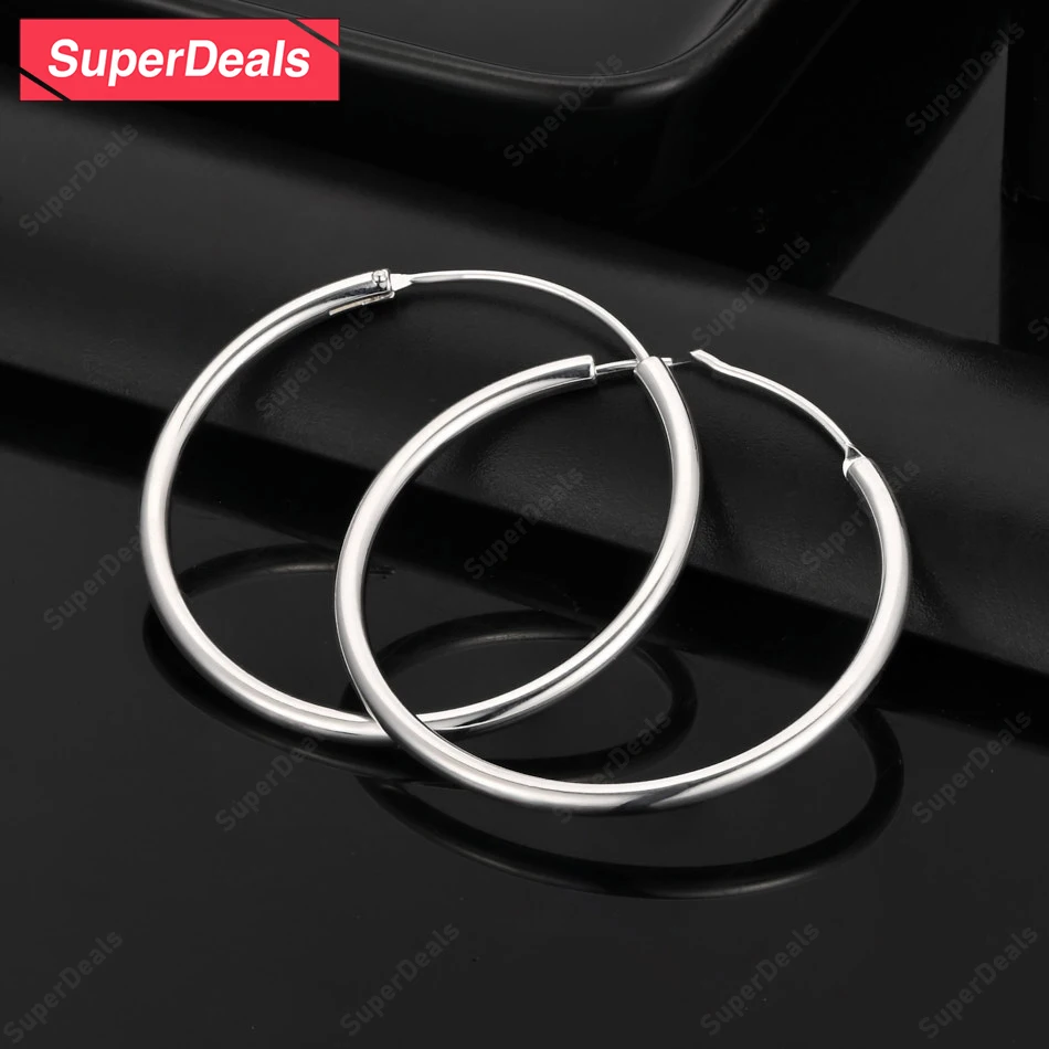 

SuperDeals 35mm 925 Sterling Silver Smooth Round Hoop Earrings Women Party Beautiful Jewelry Wedding Banquet Anniversary Gift