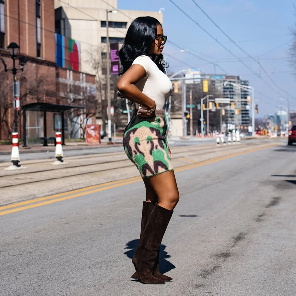 Fashion Fuzzy Fur Camo Shorts Woman Clothes High Waist Drawstring Mid-Length Short Pants Spring New Female Streetwear Bottoms