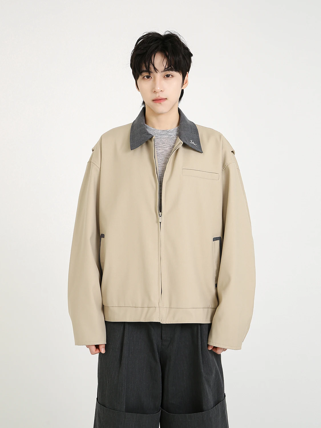 

Loose American Sle ort Jaet Autumn New Arrival ex Lazy Sle Polyester Fiber Long Sve Zipper Closure Pure Color