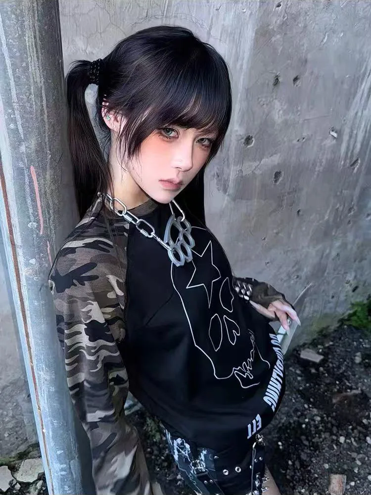 Japanese Gothic Patchwork T Shirt Women Y2K Harajuku Japan Skull Print Casual Base Tops Autumn Vintage Camouflage Splicing Tees