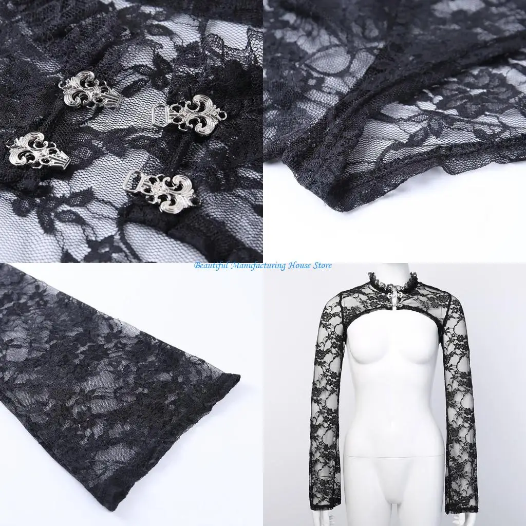

E56A Women Vintage Long Sleeve Bolero Stand Collar Floral Lace Shrug Sexy See-Through Black Cardigan Crop Top