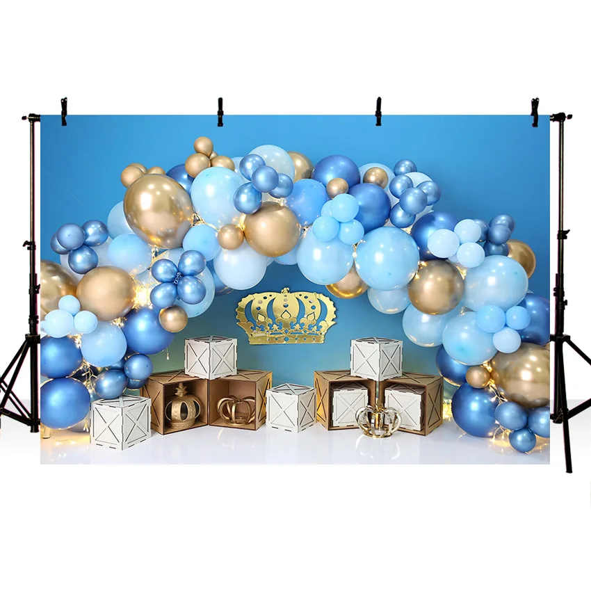 Mehofond Little Prince Crown Backdrop Blue Gold Balloon Boy Birthday Photography Background Party Cake Smash Decor Photo Studio