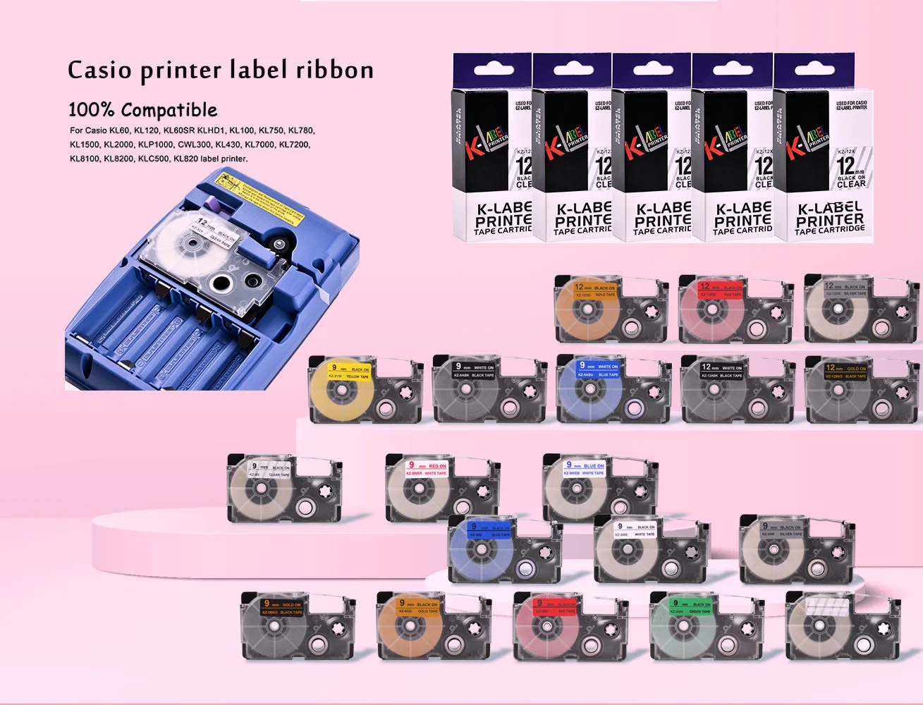 Label Tape Casio Printer Compatible Label Ribbon 6mm 9mm 12mm 18mm 24mm KL-60/820/170 Printer CW-L300 Sticker Labels