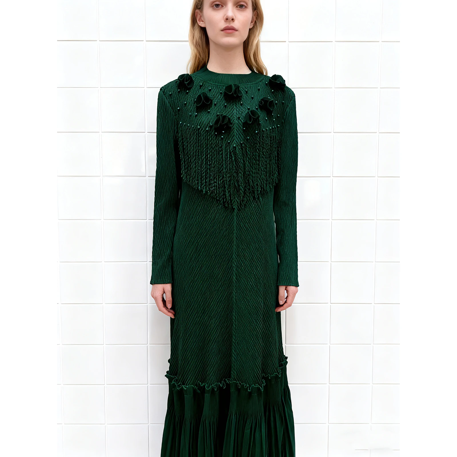 

Dragon Sc Pleated Long Sve Women's Dr Floral Decoration 3D Flower Embellied Gown Traditional Chinese Ethnic Sle