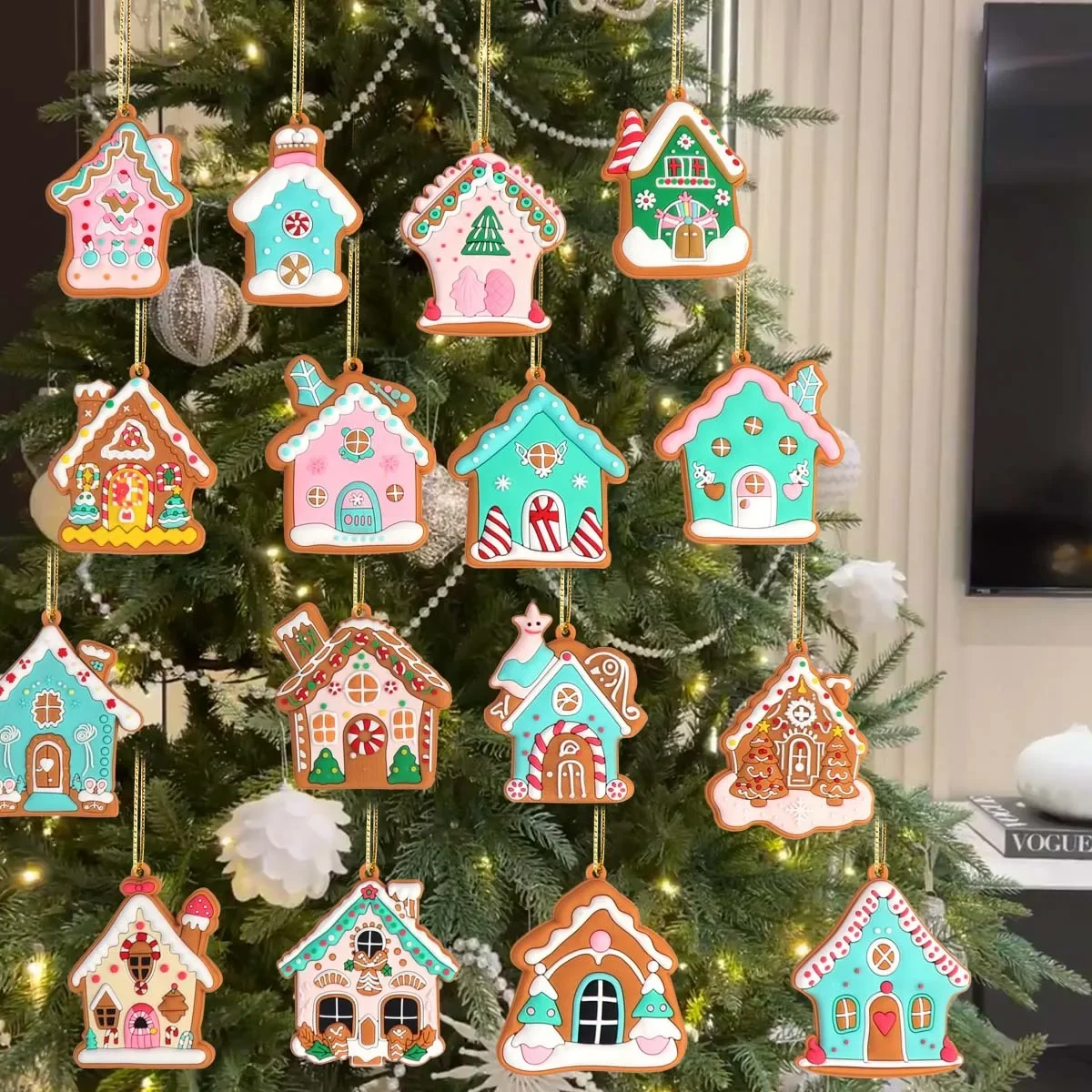 16PCS Cartoon Christmas Cottage ciondolo albero di natale ornamenti appesi Color caramella Gingerbread House decorazioni natalizie regali