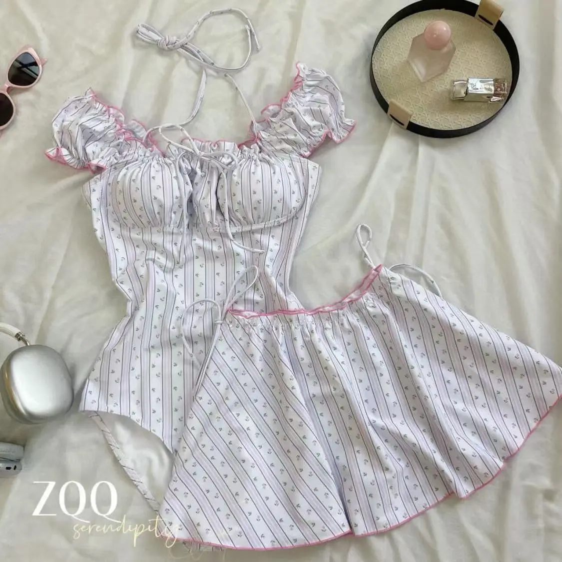 Women's Lavender Striped Halter Puff Sleeve Mini Dress Sweet Coquette Lace Up Waist Flare Hem Y2K Casual Summer Beach Dress 2026