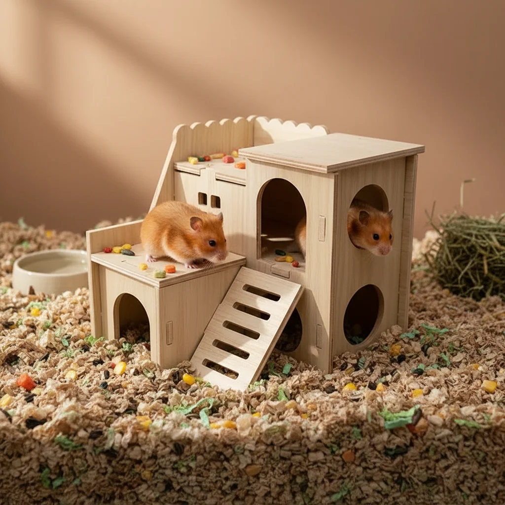 Hamster Wooden-House with Stairs Climbing Platform for Budgie Cage Decoration Natural Material Multi Functional Design