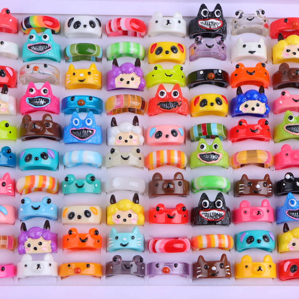 20Pcs/Lot Cute Cartoon Elements Frog Bear Cat Animal Resin Rings For Women Party Jewelry Accessories Gifts Mix Style Wholesale