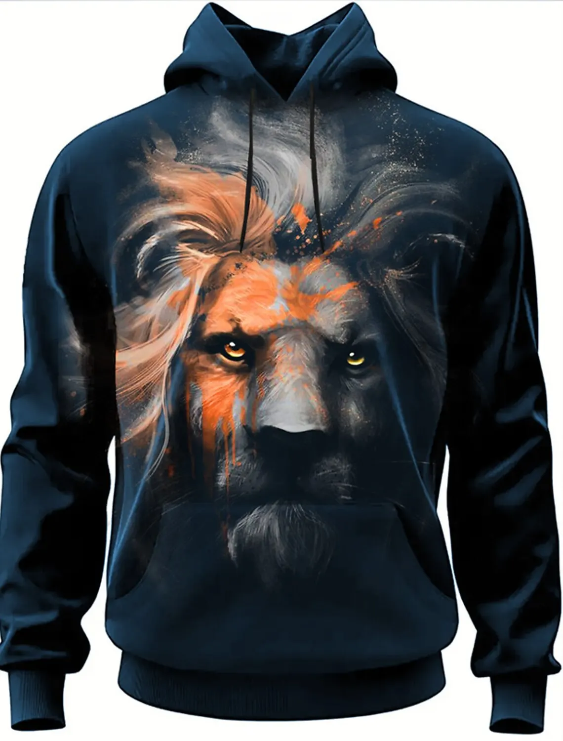 سويت شيرت بقلنسوة بطباعة ثلاثية الأبعاد للرجال من Lion Graphic بأكمام طويلة وقلنسوة وجيب أمامي وقلنسوة للربيع