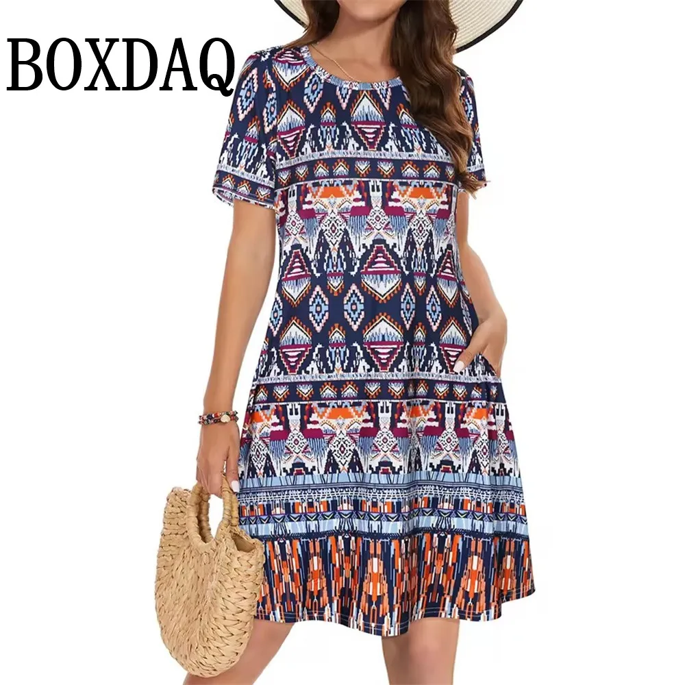 New Vintage Ethnic Print Dresses For Women's Elegant Loose Dresses Summer Female Short Sleeve Dress Fashion Plus Size Clothes