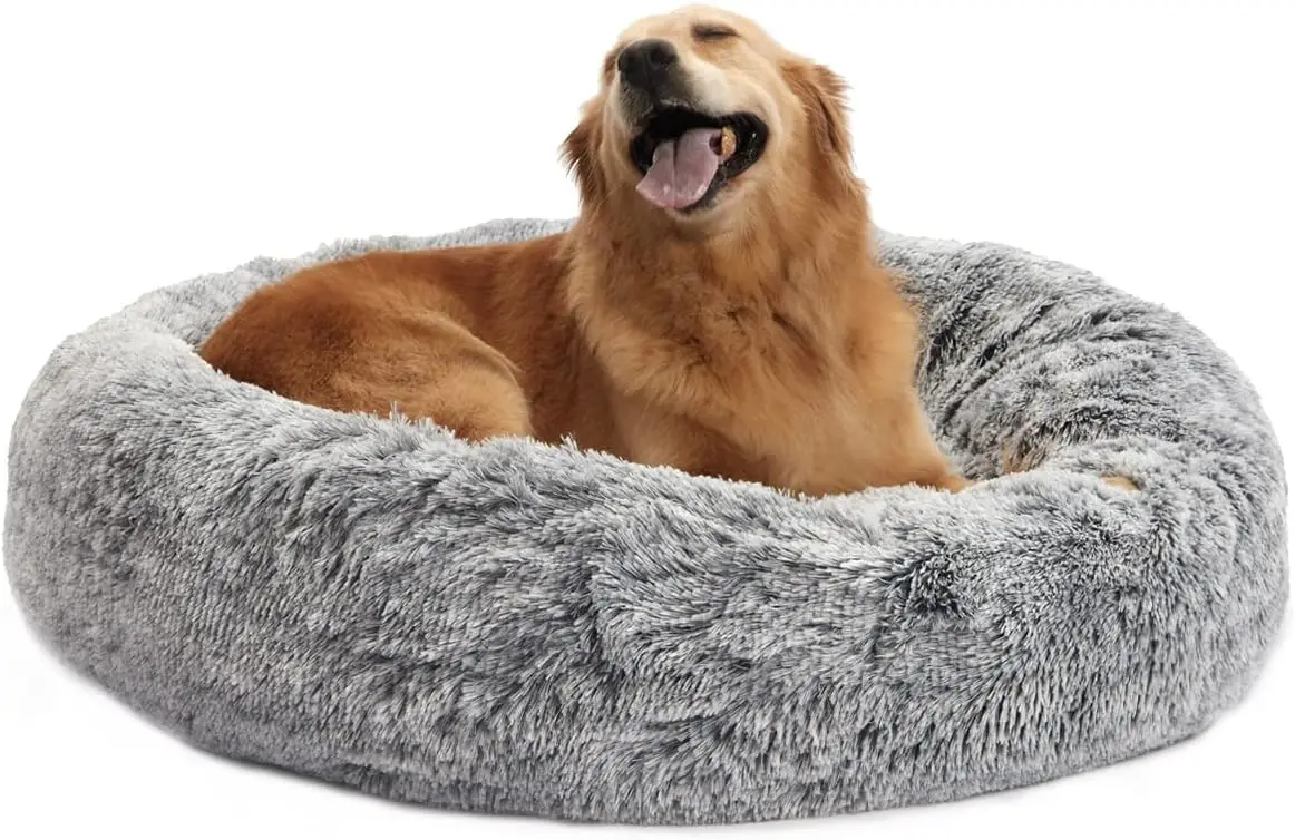

Large Calming Donut Dog Bed, 36 Inch Round Fluffy Anti-Anxiety Plush, Machine Washable Dark Grey