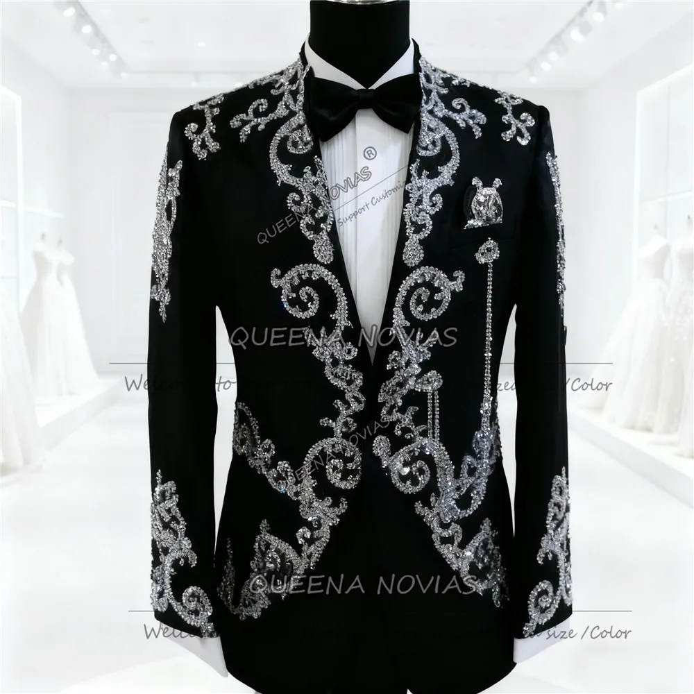 Exquisite Beaded Crystals Groom Wedding Suits For Man Italian Design Jacket Pants 2 Pieces Jacket Pants Customized Men's Tuxedos