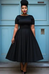 Plus Size Elegancka półformalna sukienka Czarne sukienki midi z okrągłym dekoltem i krótkim rękawem