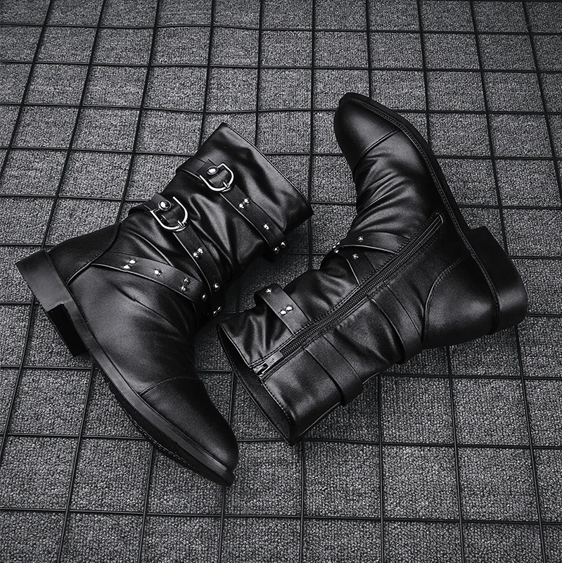 High Quality Men Perform Show Leather Boots Men Basic Locomotive Boots Black Punk Rock Shoes Men\'s Tall Boots Size 37-45 New2023