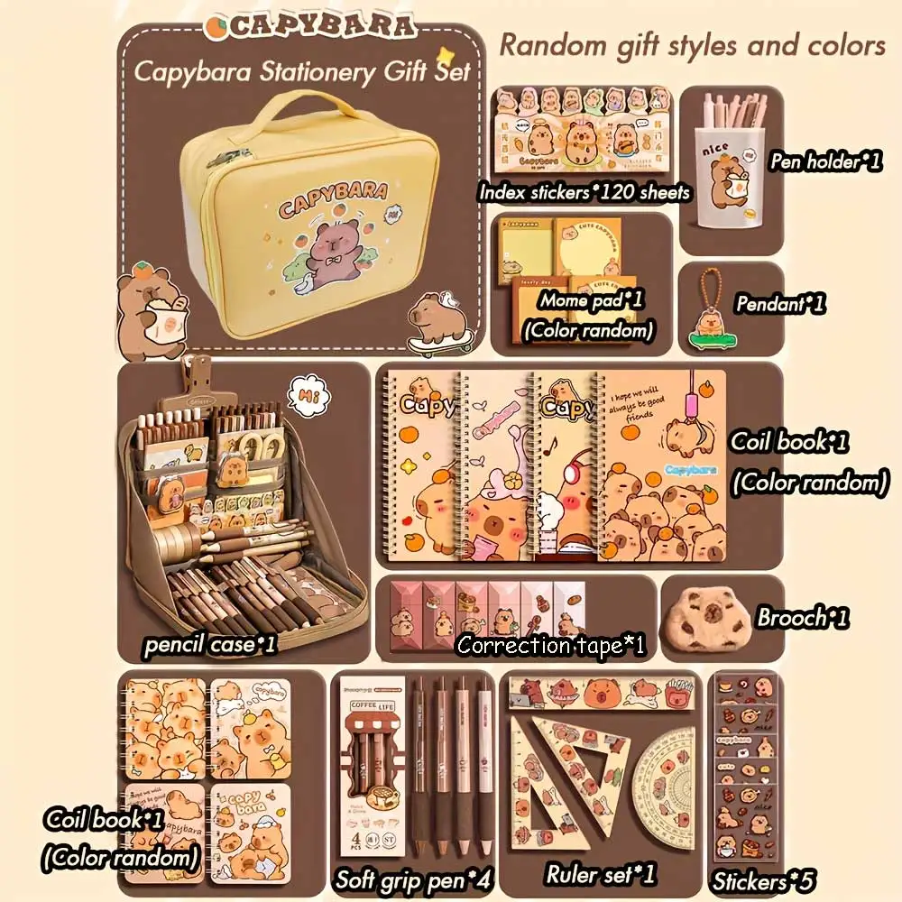 学生向けのかわいいカピバラ文具ギフトセット、ソフトグリップペン、ノートブック、筆箱、学習必需品パックが特徴です
