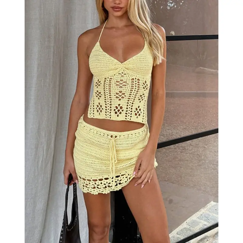 

Women Summer 2Piece Crochet Knitwear Outfits Set Solid Color Hollow Out Backless Tie Back Sleeveless Halter Tops with Mini Skirt