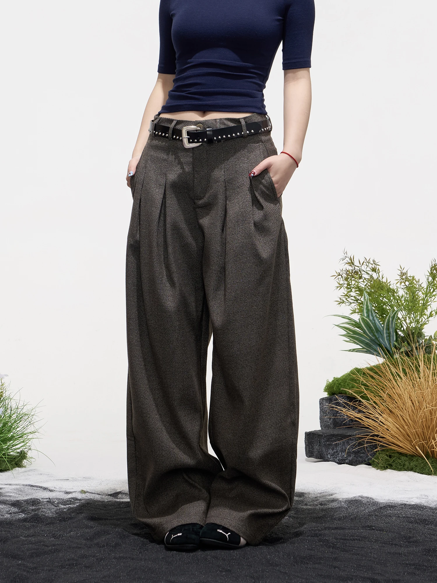American Retro Pleated Wide Leg Suit Pants Women's Loose Casual Trousers Spring Design Straight Loose Casual Pants