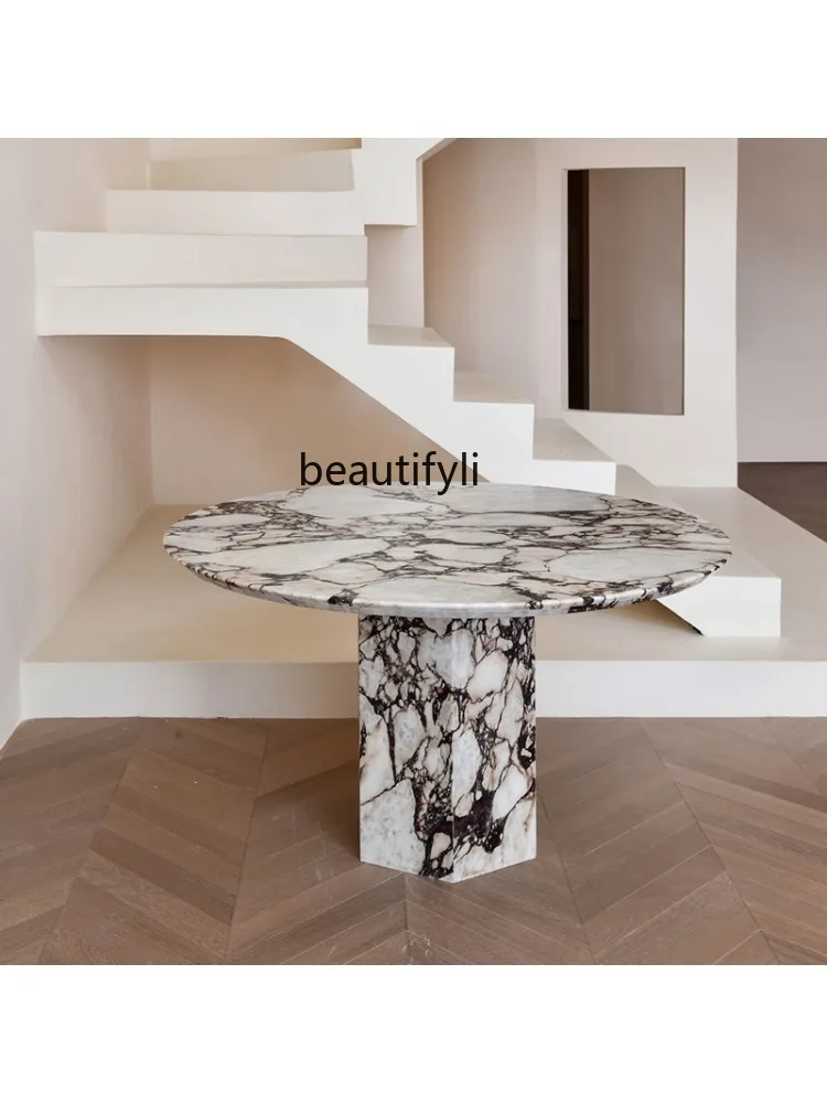 Light Luxury Natural Marble round Dining Table Designer Simple Villa Large Apartment Dining Table Negotiation Tea Table