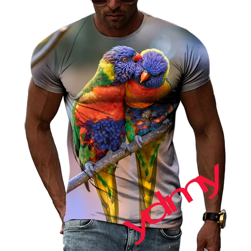 Tide Fashion Summe Colored Parrot Picture  Men's T-shirt Casual Print Tees Hip Hop Personality Round Neck Short Sleev Tops