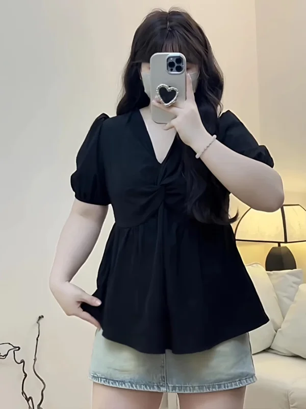 Damska koszulka plus size w stylu vintage z falbanką, dekoltem w serek, wyszczuplająca, w stylu koreańskim, do pracy, o regularnym kroju.