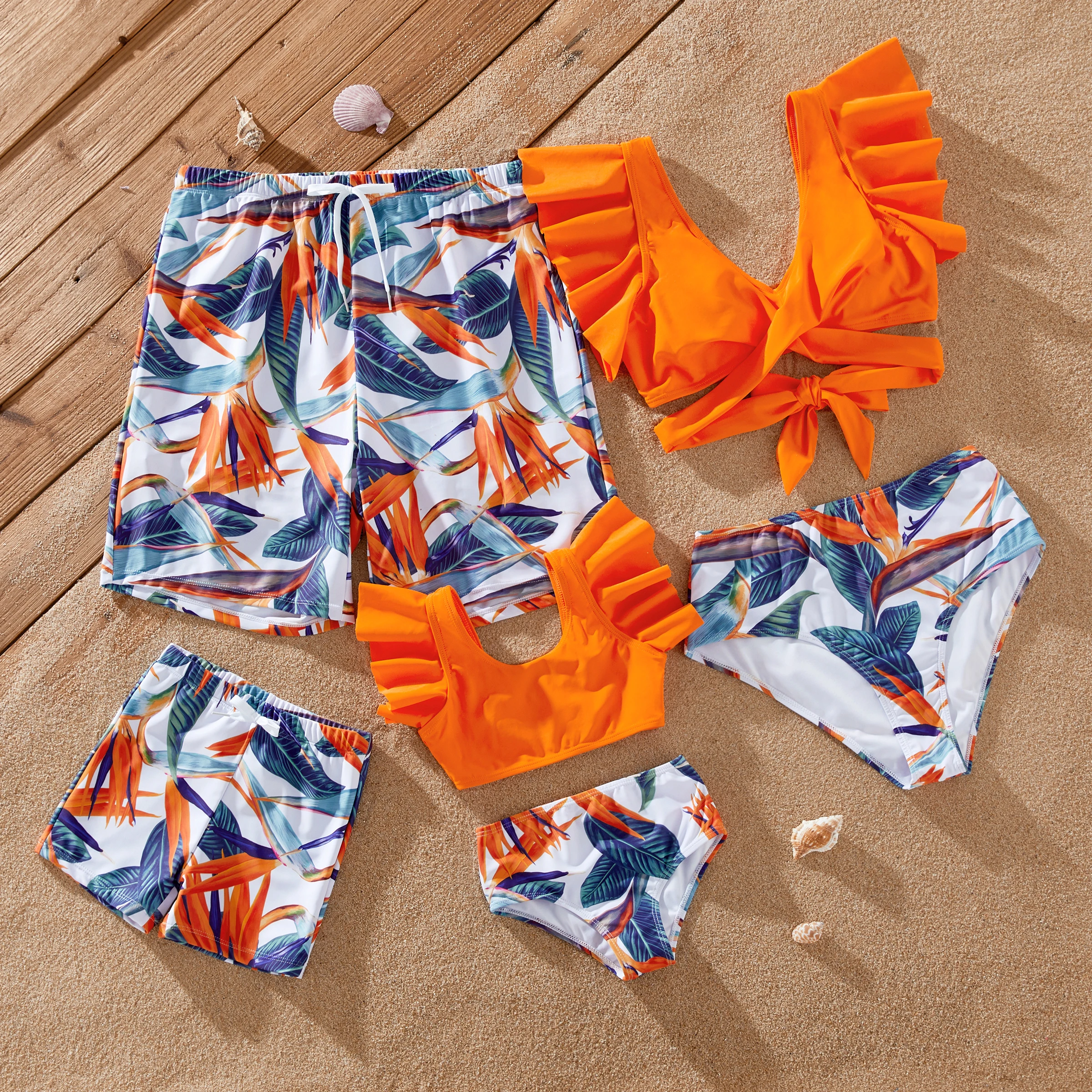 

PatPat Family Matching Drawstring Swim Trunks or Orange Floral Ruffle Sleeves Cross Bikini