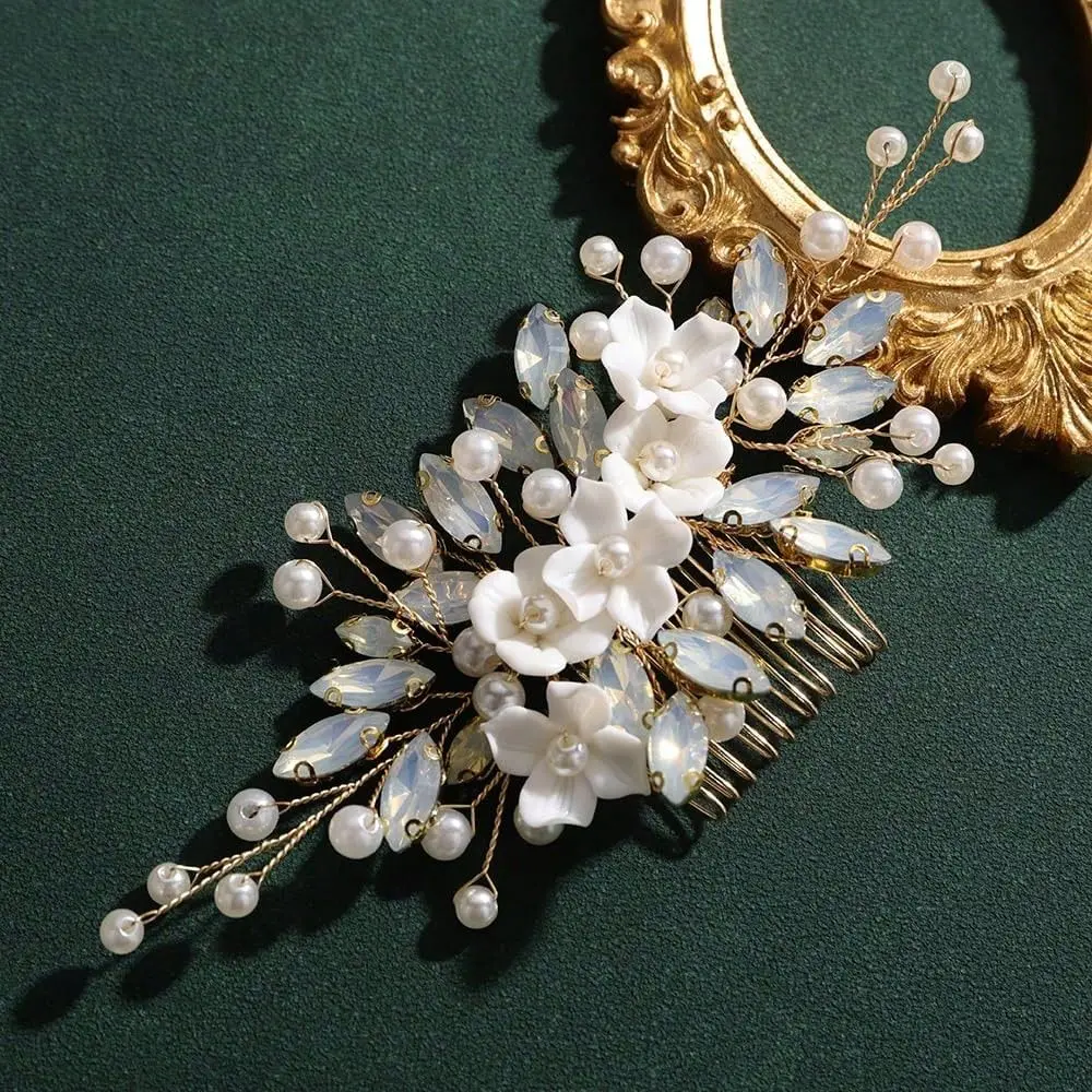 Wedding Bridal Hair Comb With Pearl White Flower Hair Piece For Women Special Occasion Hair Jewelry Gold And Opal