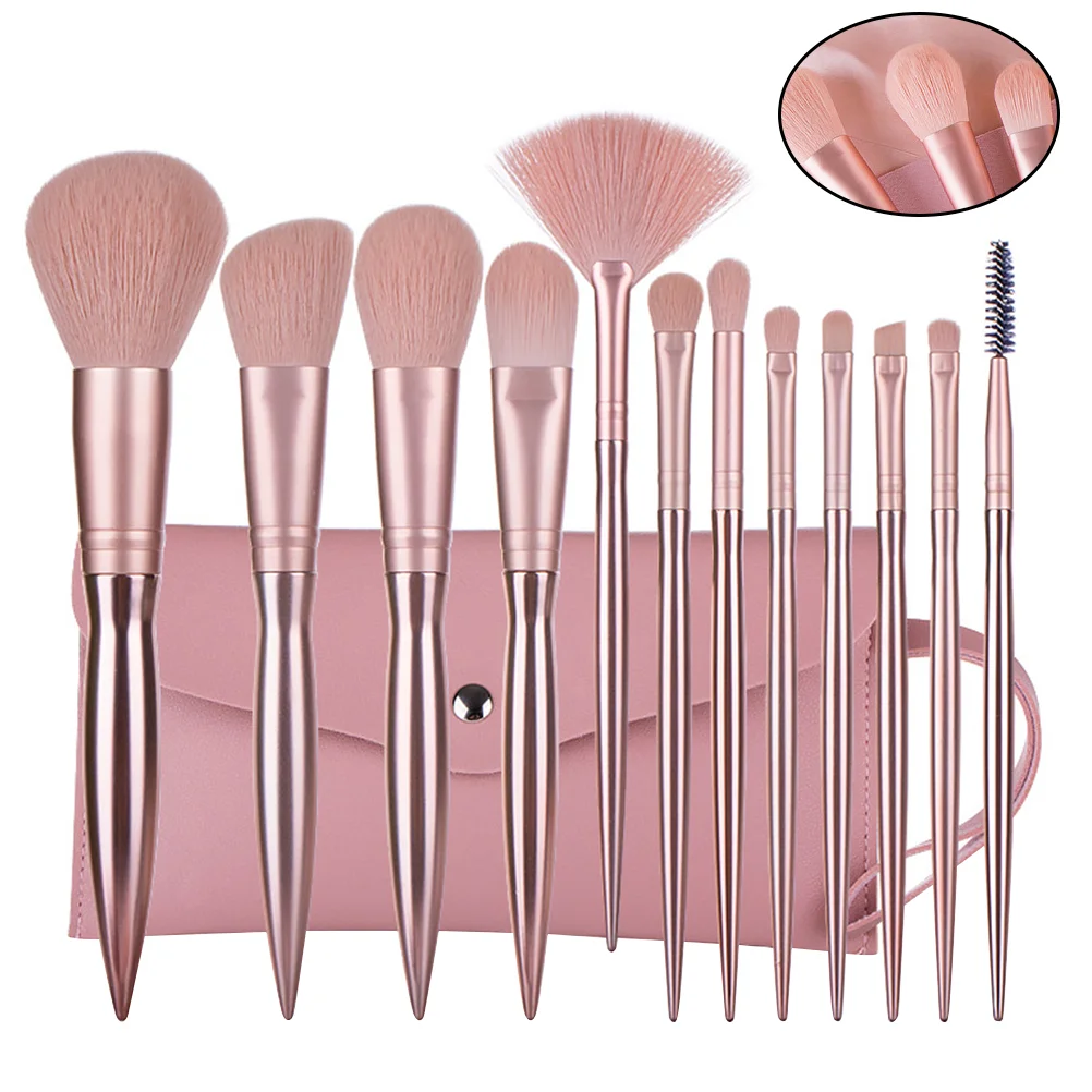 12pcs Electroplating Makeup Kit Rose Gold Powder Brush Plastic Handle Cosmetics Brush with Bag professional makeup brush