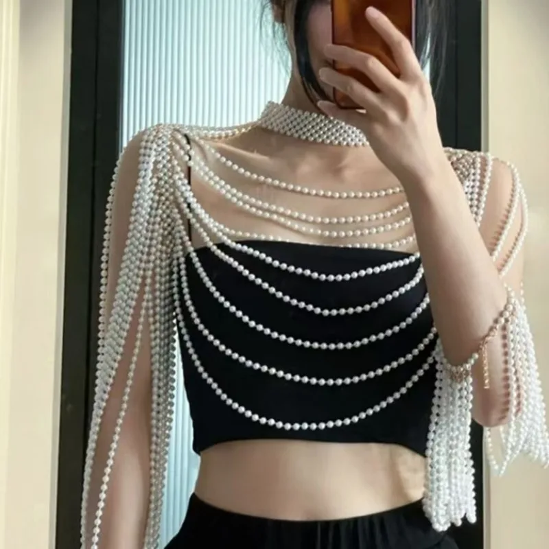 Vintage Lustrous White Round Bead Cape Long Sleeve Off Shoulder Bridal Statement Body Jewellery Wedding Photo Prop Accessory