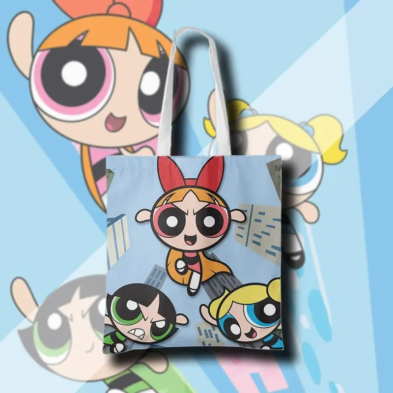 The Powerpuff Girls Canvas Bag for Women Shopper Handbags Large Storage Reusable Cartoon Shoulder Tote Bag School Bags Girl Gift