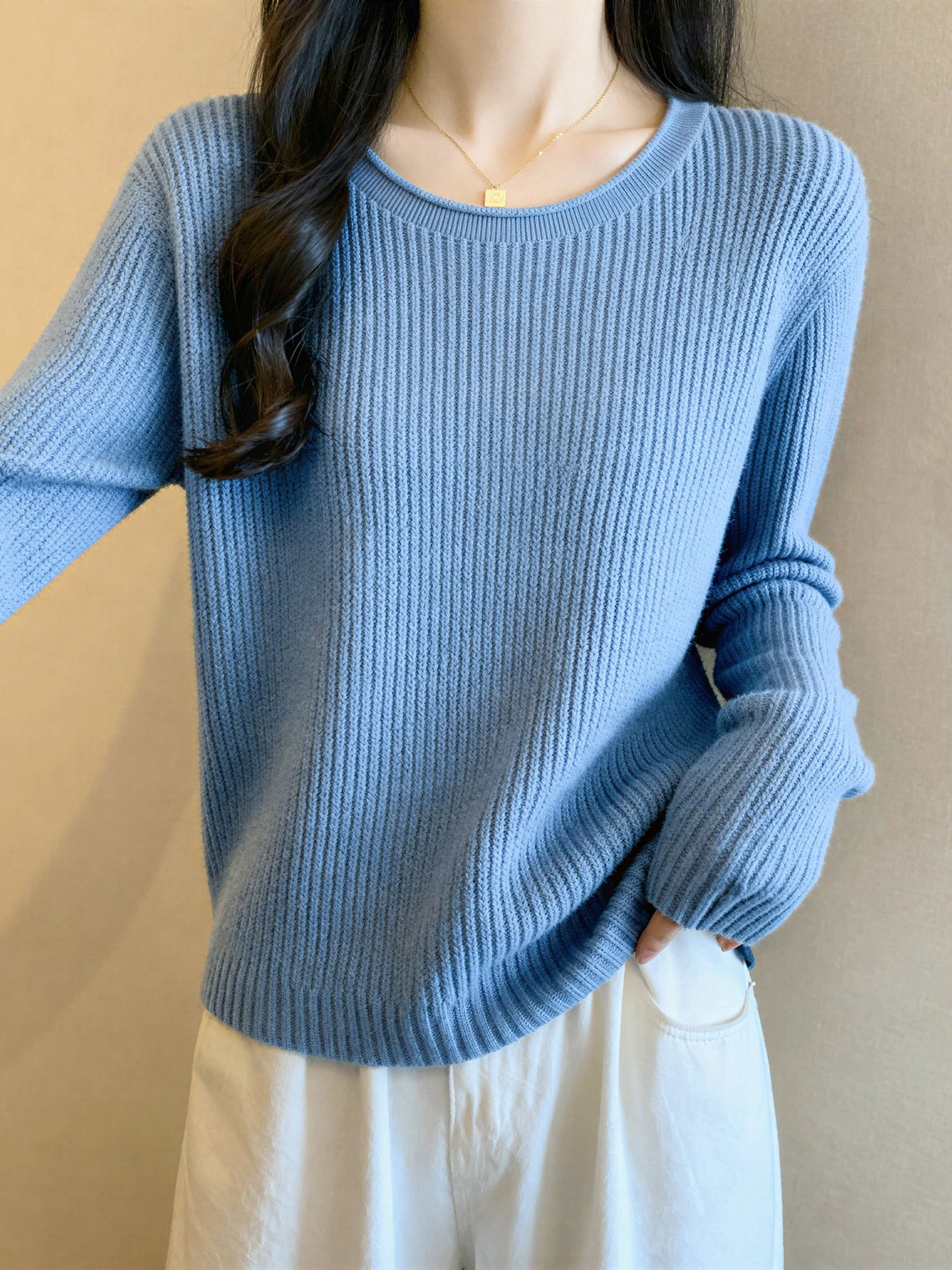 Light Blue Knitted Sweater Women's Shoulder Pit Stripe Style Base Shirt Top Korean Version Loose Fit Long Sleeve round Neck