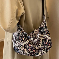 Female Shoulder Messenger Bag Trend Simple Zipper Handbags Ethnic Wind Canvas Shoulder Bag Small Tote 2024 New Woven Beach Bag