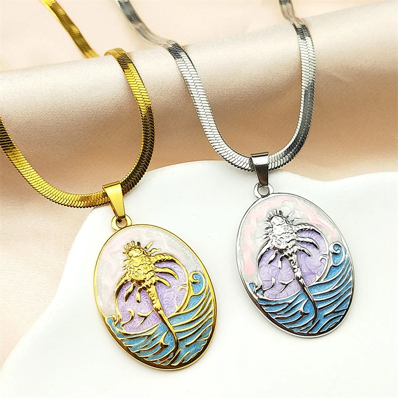 

Island Style Coconut Tree Colorful Enamel Pendant Necklace for Women Stainless Steel Gold Color Waves Choker Chain Jewelry Gift