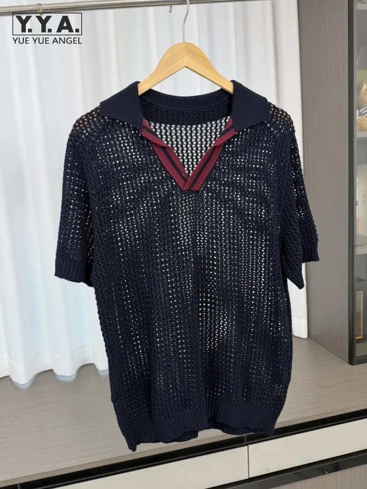 

Casual T-Shirt Men Summer Sea Blue Breathable Short Sleeve Loose Fit Knit Hollowed-Out Pullover T-Shirts Fashion Men V Neck Tops
