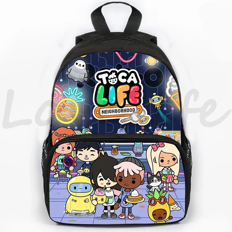 Mochila escolar con estampado de dibujos animados para niños y niñas, bolsa de libros impermeable de gran capacidad, modelo Toca Life World, 16 pulgadas