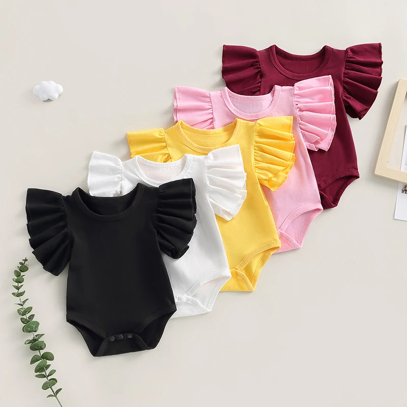 Summer Newborn Infant Baby Girl Solid Color Ruffle Romper Bodysuit Jumpsuit Casual Baby Fly Sleeve Jumpsuits Clothes Outfit