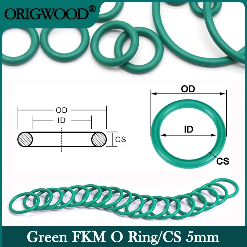 

5/10Pcs Green FKM O Ring Gasket CS 5mm OD 16mm ~ 100mm Fluorine Rubber Insulated Seal Washer Heatproof Oil Resistant Acid Alkali