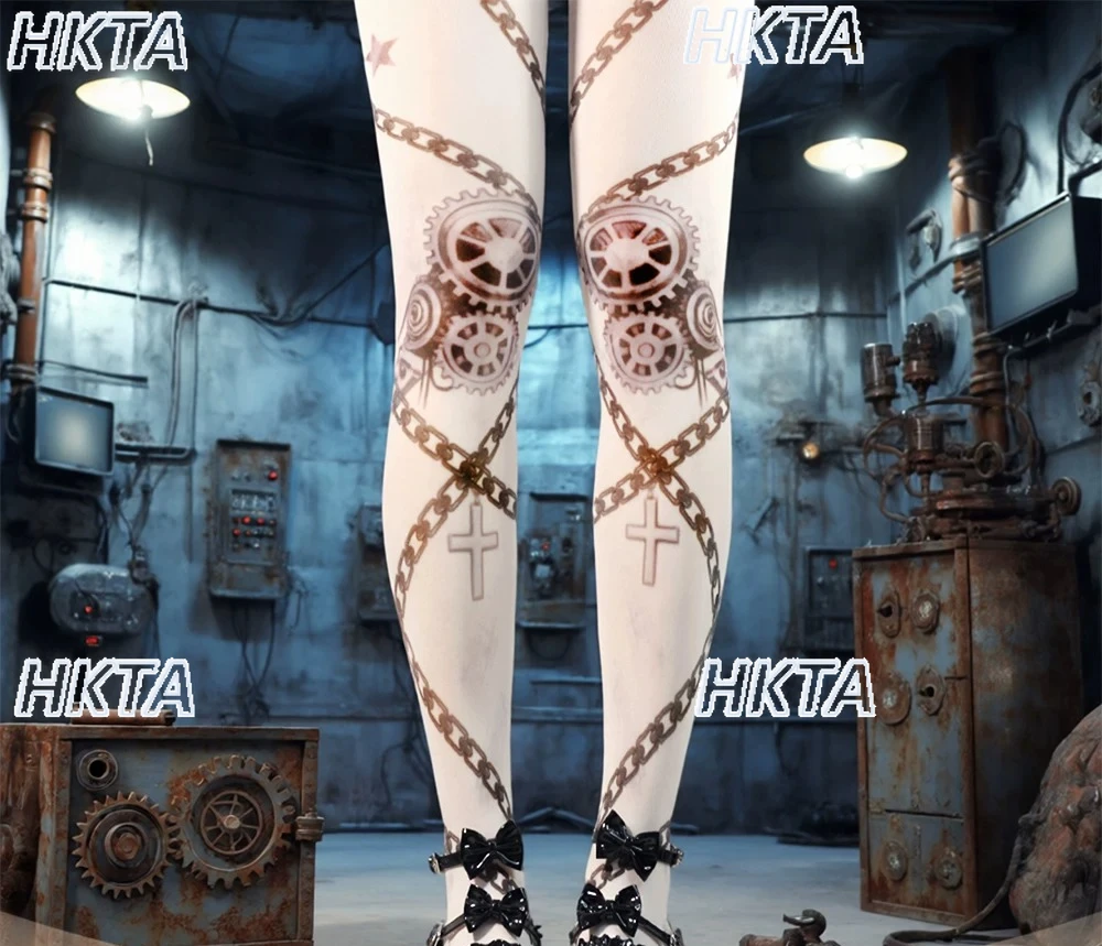 Japanese Subculture Y2k Personality Cosplay Two Dimensional Lolita Stockings Punk Goth Mechanical Chain Print Velvet Tight Women