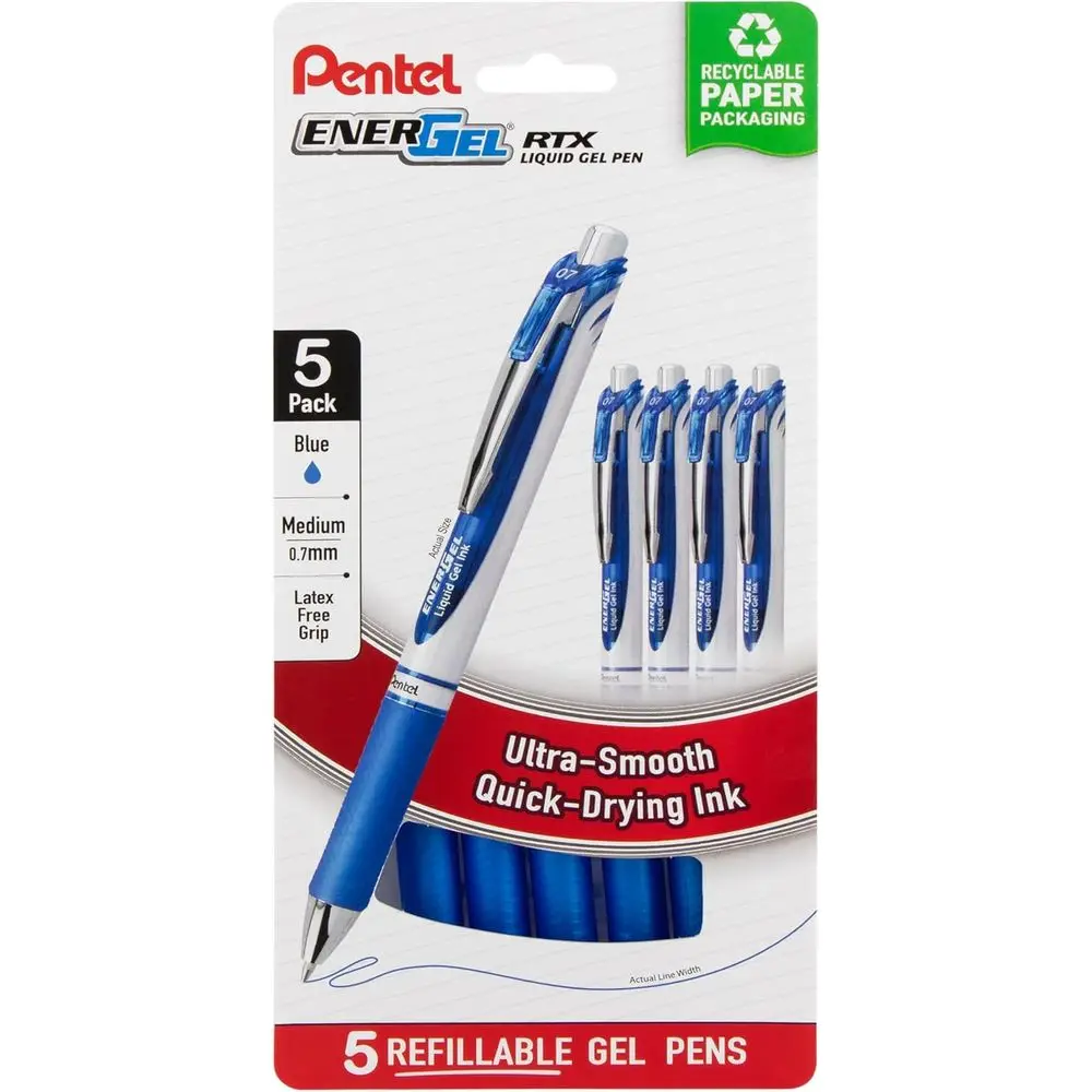 

Ручка-роллер EnerGel RTX, (0.7 мм), металлический наконечник, средняя толщина линии, синие чернила, безпластиковая упаковка, 5 штук в упаковке