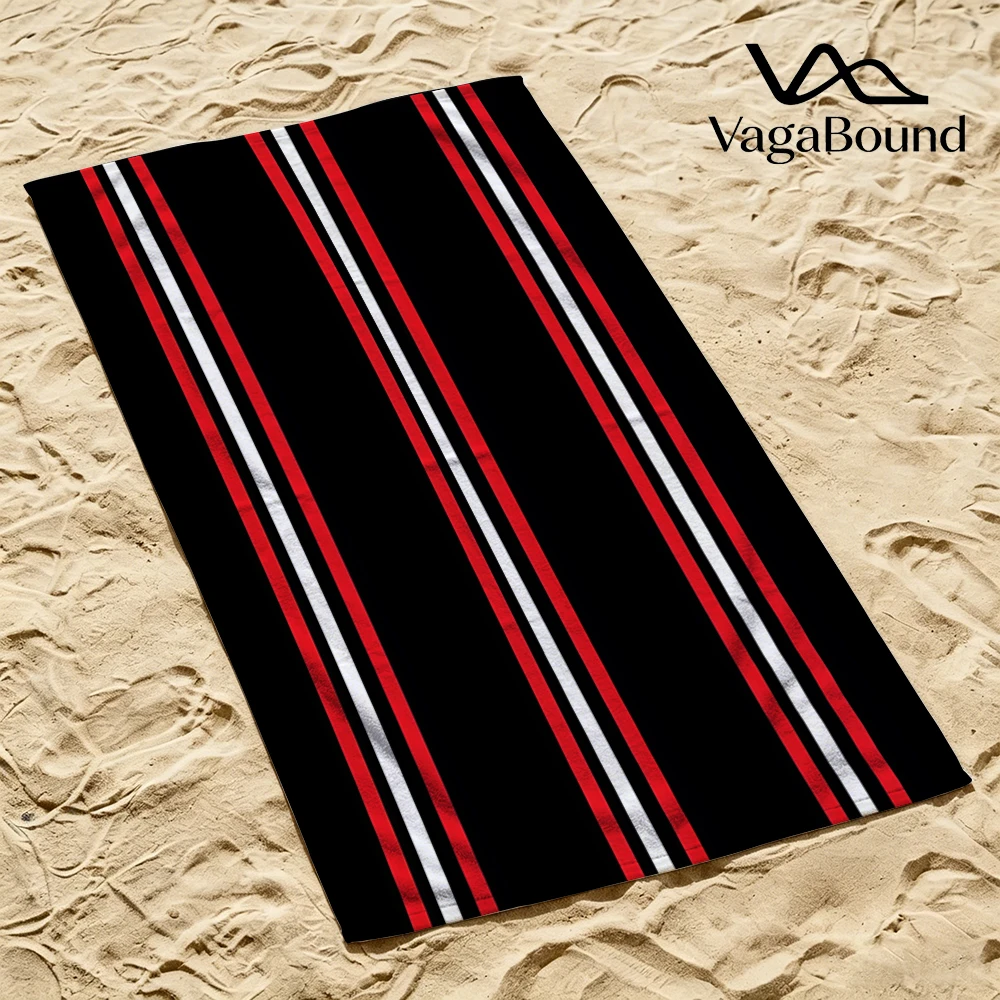Schwarz-rot-weißes Strandtuch mit vertikalen Streifen, Cartoon-Motiv, schnell trocknendes Mikrofaser-Badetuch zum Schwimmen, Surfen, Camping, Unisex, Urlaub