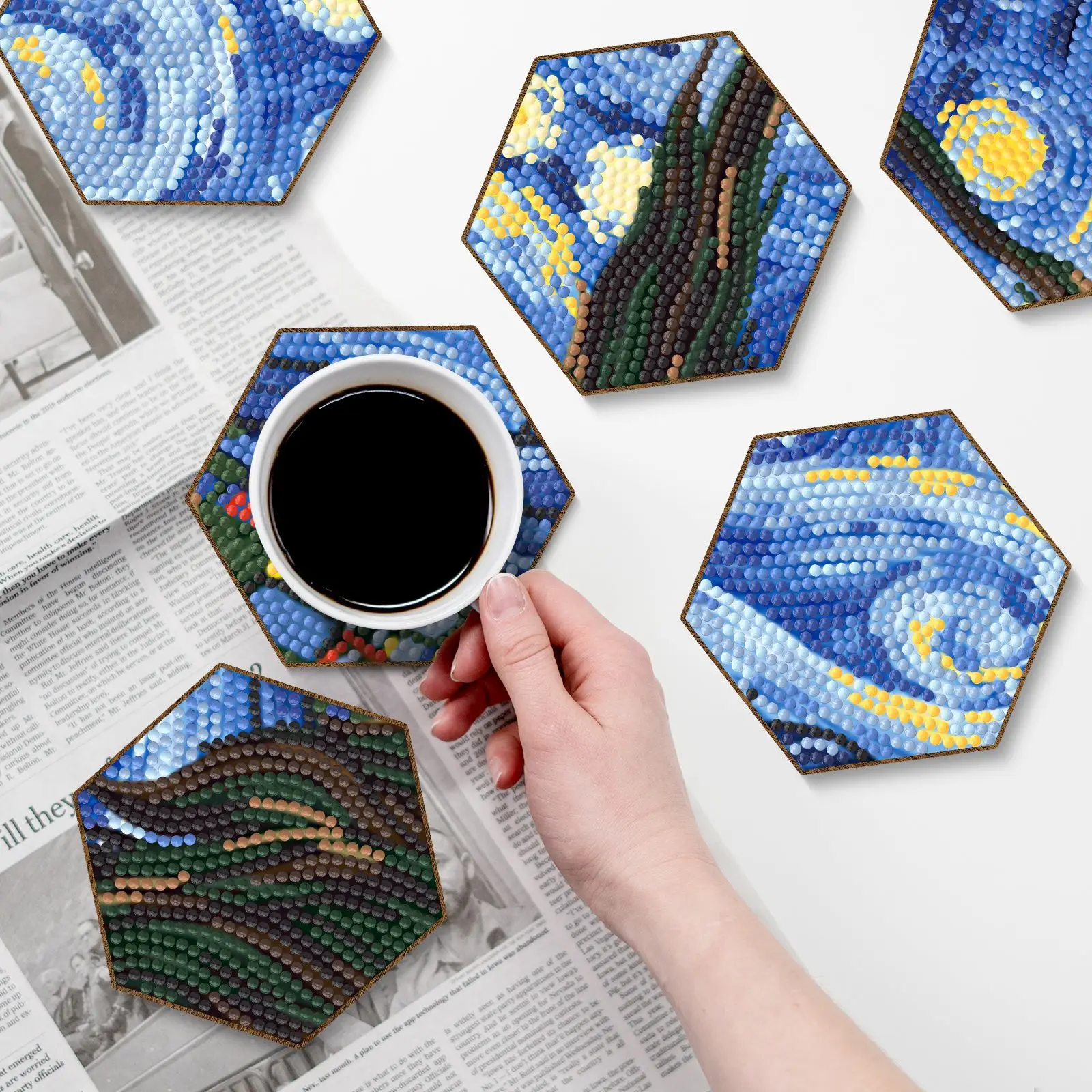 7PCS Hexagonal Starry Night Diamond Painting Coasters Kit With Holder Stackable DIY Coaster Honeycomb Shape Tablemat