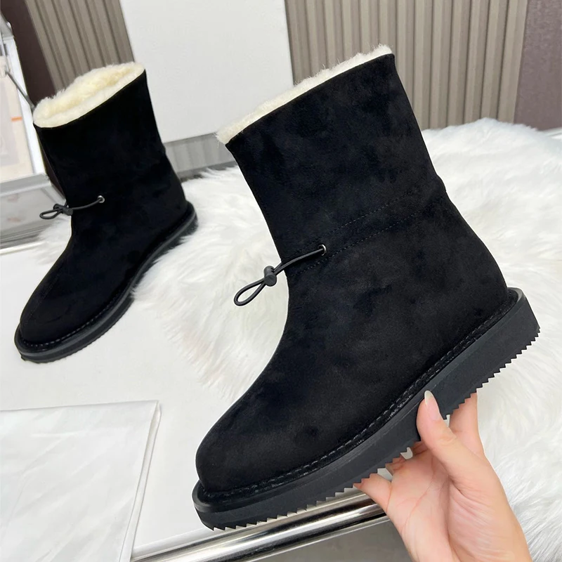 New Women's Cow Suede Thick Bottom Snow Boots Round Toe Drawstring Design Wool Lining Short Boots Winter Keep Warm Modern Botas