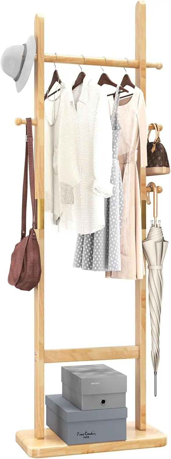

Sturdy Freestanding Coat Rack with 2 Main Rods, Natural Wood Color, Easy Assembly for Hanging Coats and Clothes