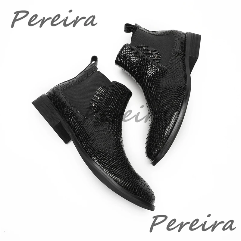 Black Snake Pattern Men's Short Boots Rivet Design Round Toe Slip On Ankle Boots British Style Genuine Leather Male Casual Shoes