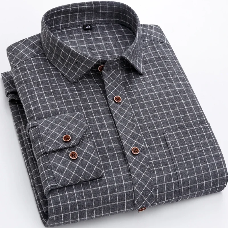 

Long Sleeve Men Plaid Shirt Regular Fit Casual Business Mens Striped Shirts Fashion with Front Pocket Leisure Male Tops New