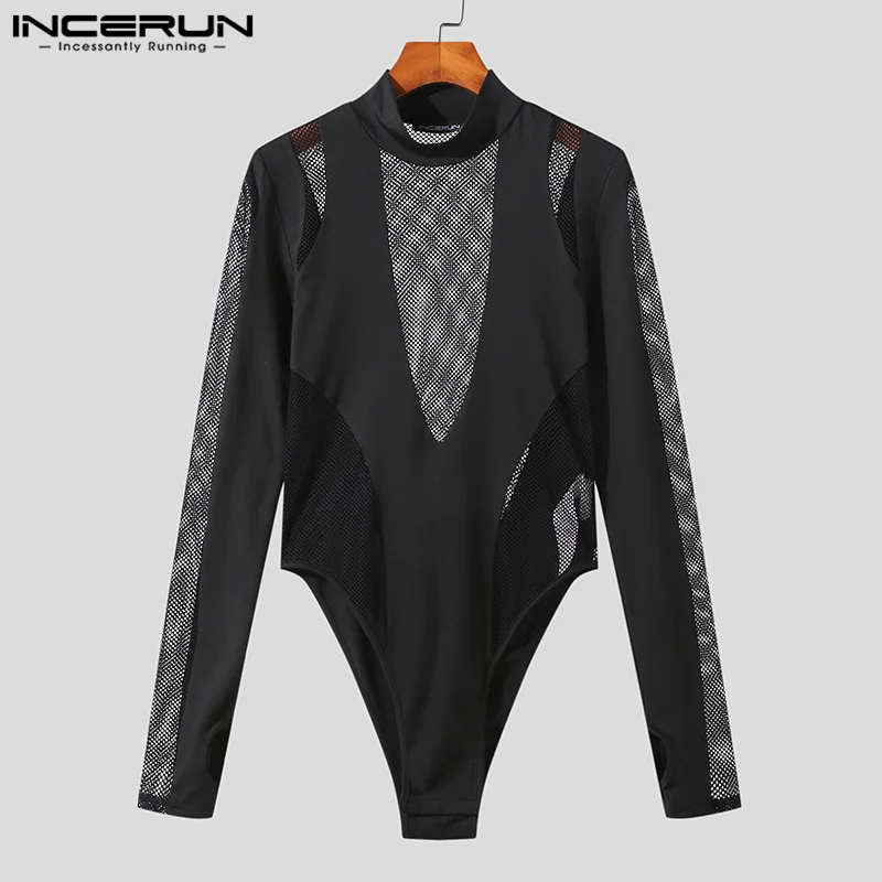 Men Bodysuits Mesh Patchwork Transparent Turtleneck Long Sleeve Rompers Men T Shirt 2024 Sexy Fitness Party Bodysuits INCERUN