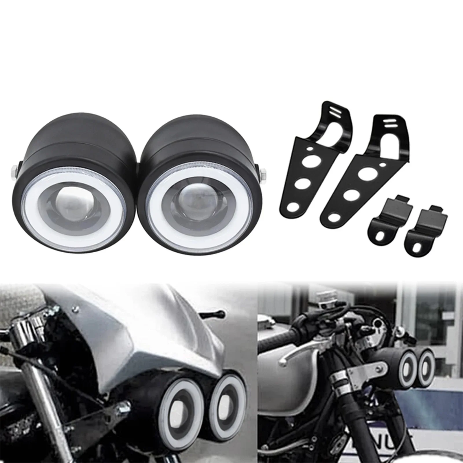 Dual LED Motorcycle Headlights White Angel Eye Halo Twin Projector Headlamp With Mount Brackets For Retro Custom Motorbike