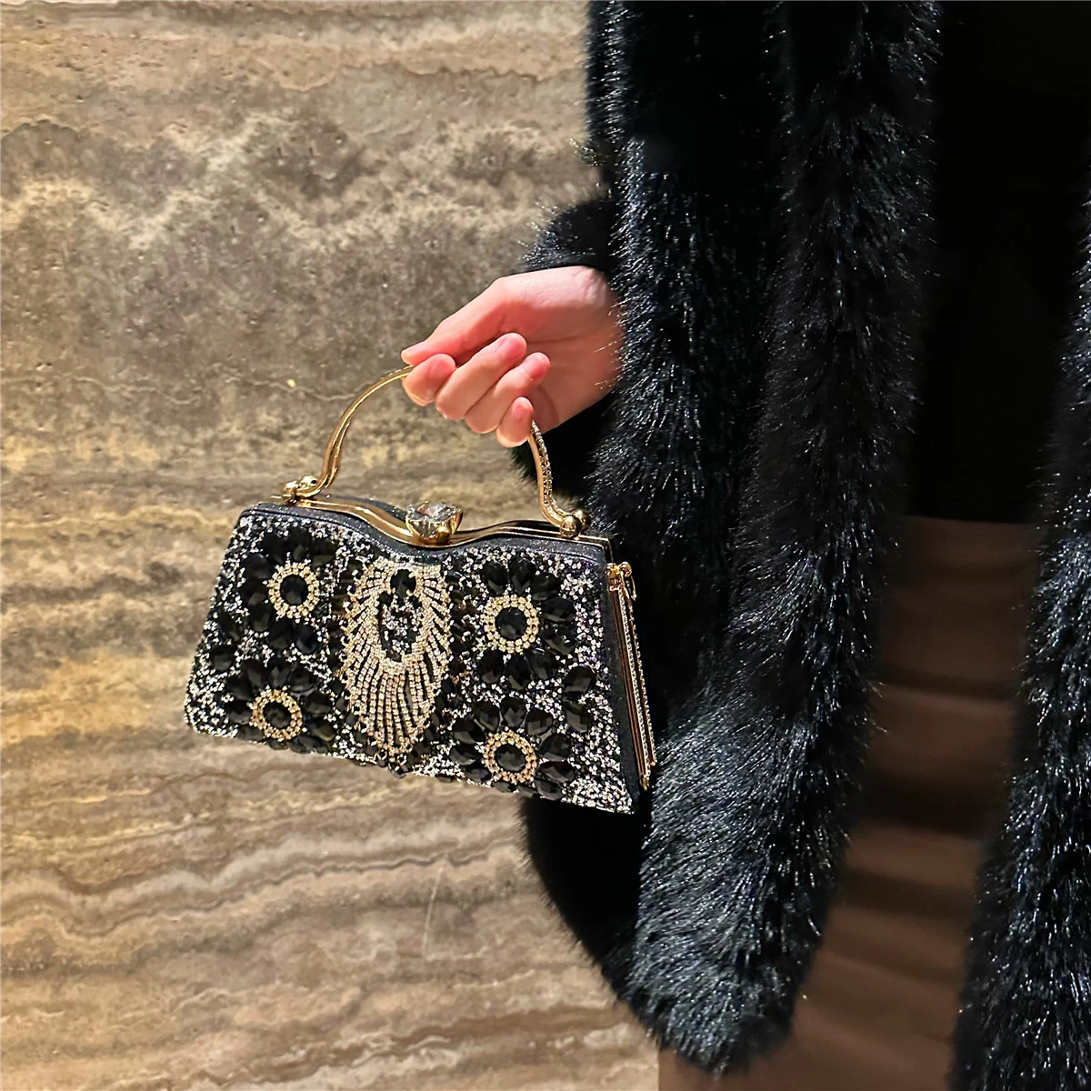 

Rhinestone Appliques Banquet Bag for Women hasp Shiny Hard Square Evening Bags Elegant Gorgeous Female Handbag