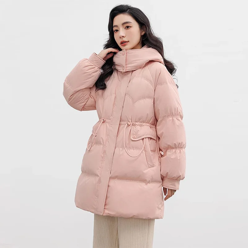 Winter Warm Puffer Jacket Women's Drawstring White Duck Down Coat Long Sleeve Top Windproof Cold-Resistant Trench Coat Thick